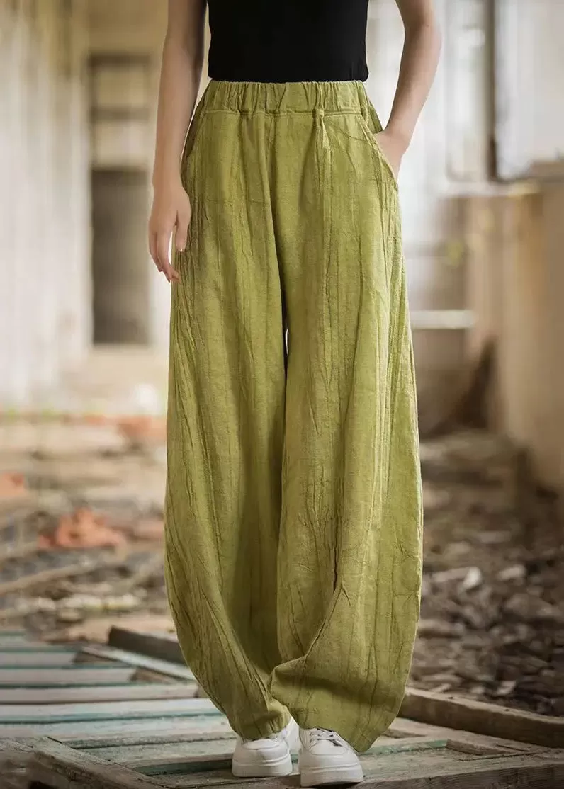 Women Green Pockets Elastic Waist Linen Pants Summer CG1053