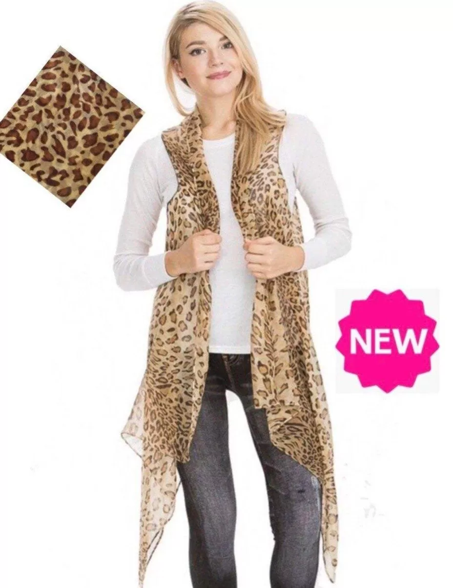 Womens Cheetah Duster, Animal Print Kimono, Sleeveless Vest, Summer Cardigan, Brown/Tan