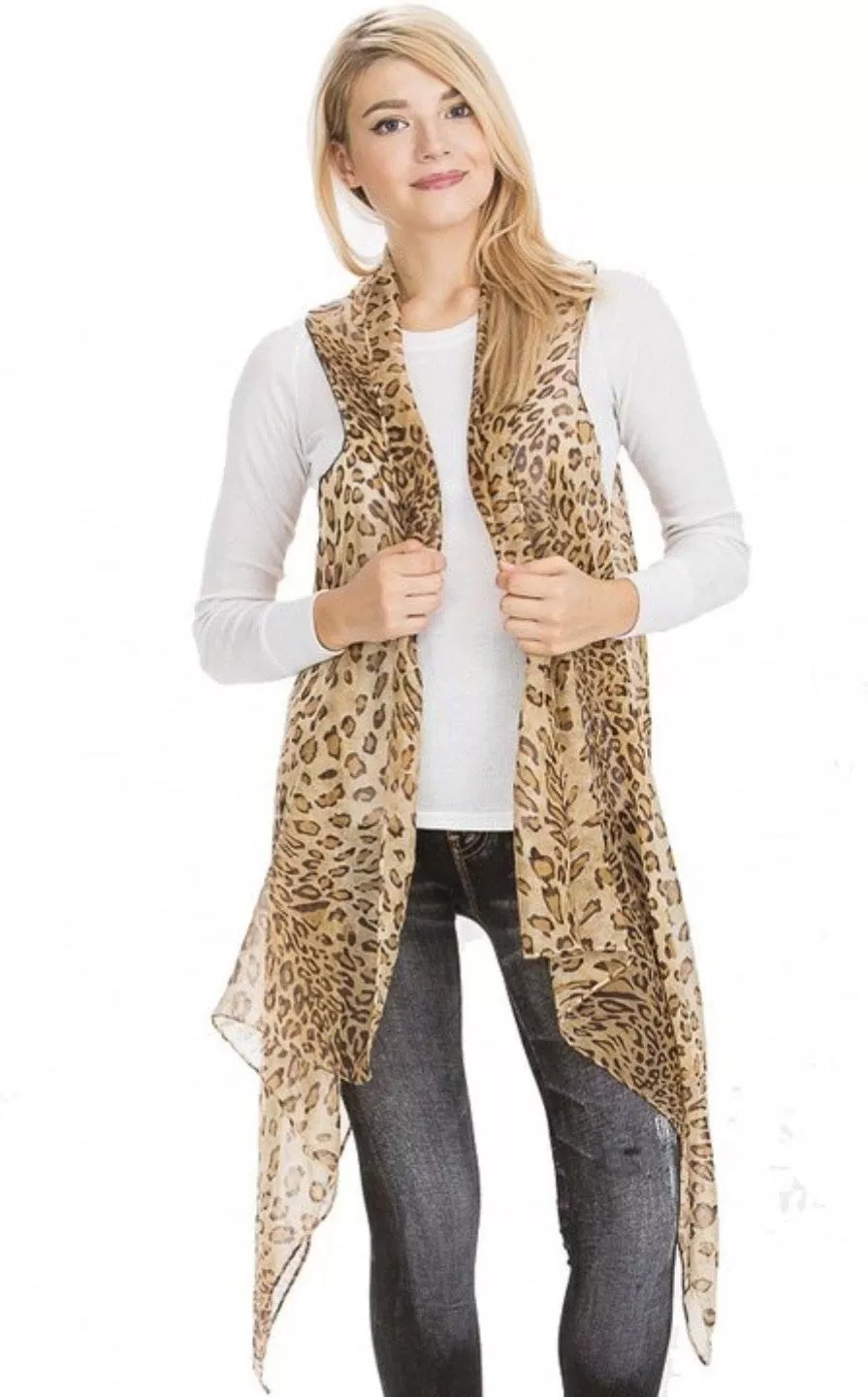 Womens Cheetah Duster, Animal Print Kimono, Sleeveless Vest, Summer Cardigan, Brown/Tan