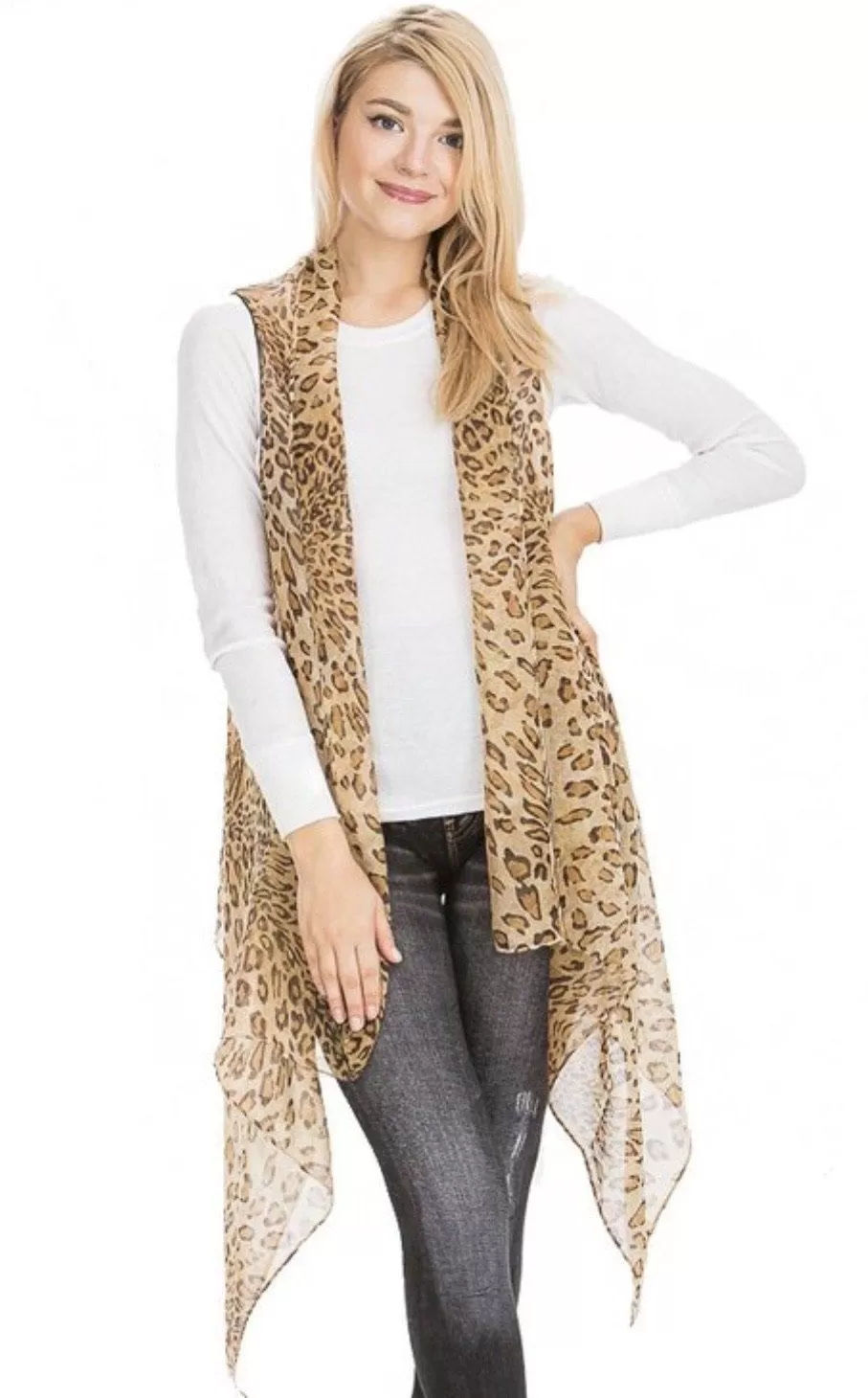 Womens Cheetah Duster, Animal Print Kimono, Sleeveless Vest, Summer Cardigan, Brown/Tan