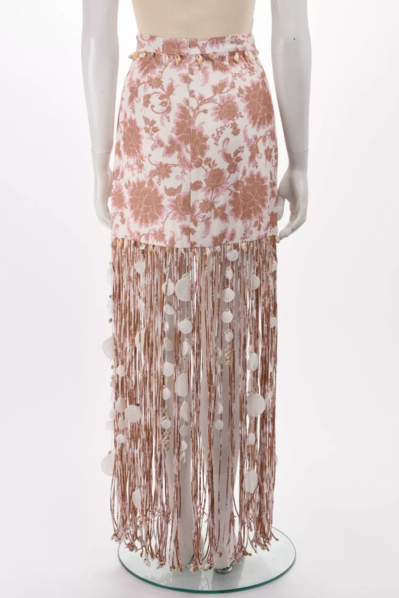 Zimmermann Tan Tonal Floral Postcard Fringed Skirt 0