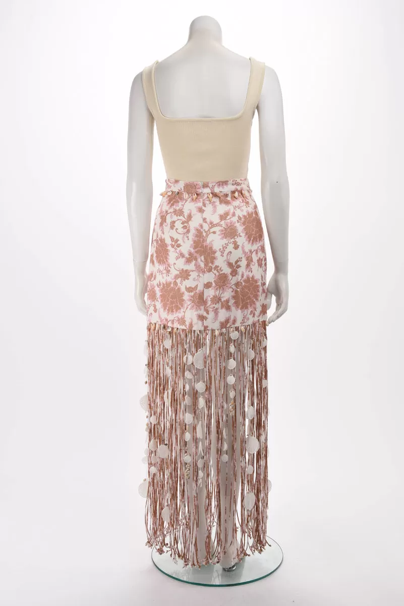 Zimmermann Tan Tonal Floral Postcard Fringed Skirt 0